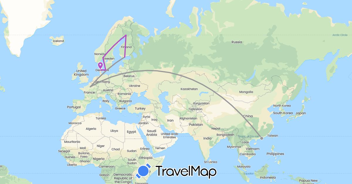 TravelMap itinerary: driving, plane, train in China, Denmark, Finland, France, Norway (Asia, Europe)